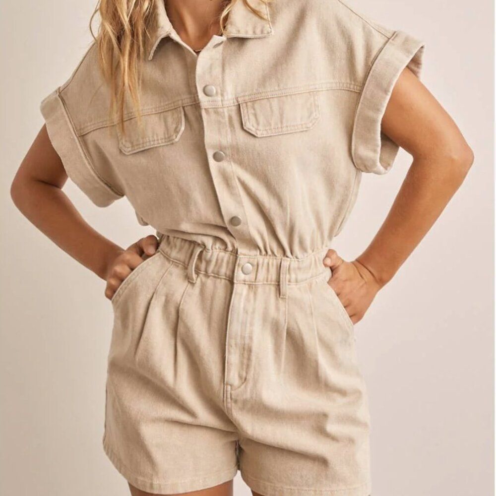 Mable Cloth Button Down Romper Women's Size Small Tan Cute One-Piece